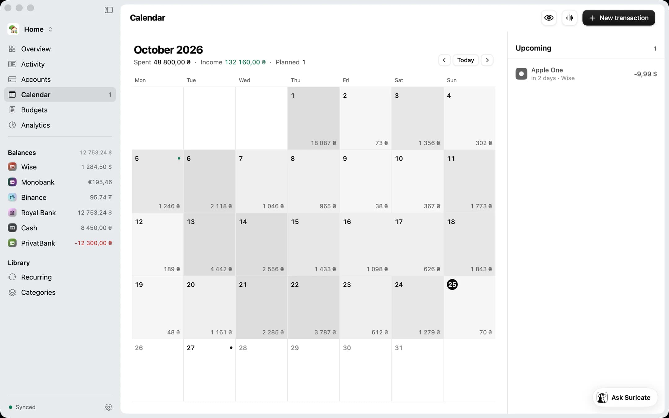 Degroshi for Mac: the October calendar with each day’s spending and the upcoming payments