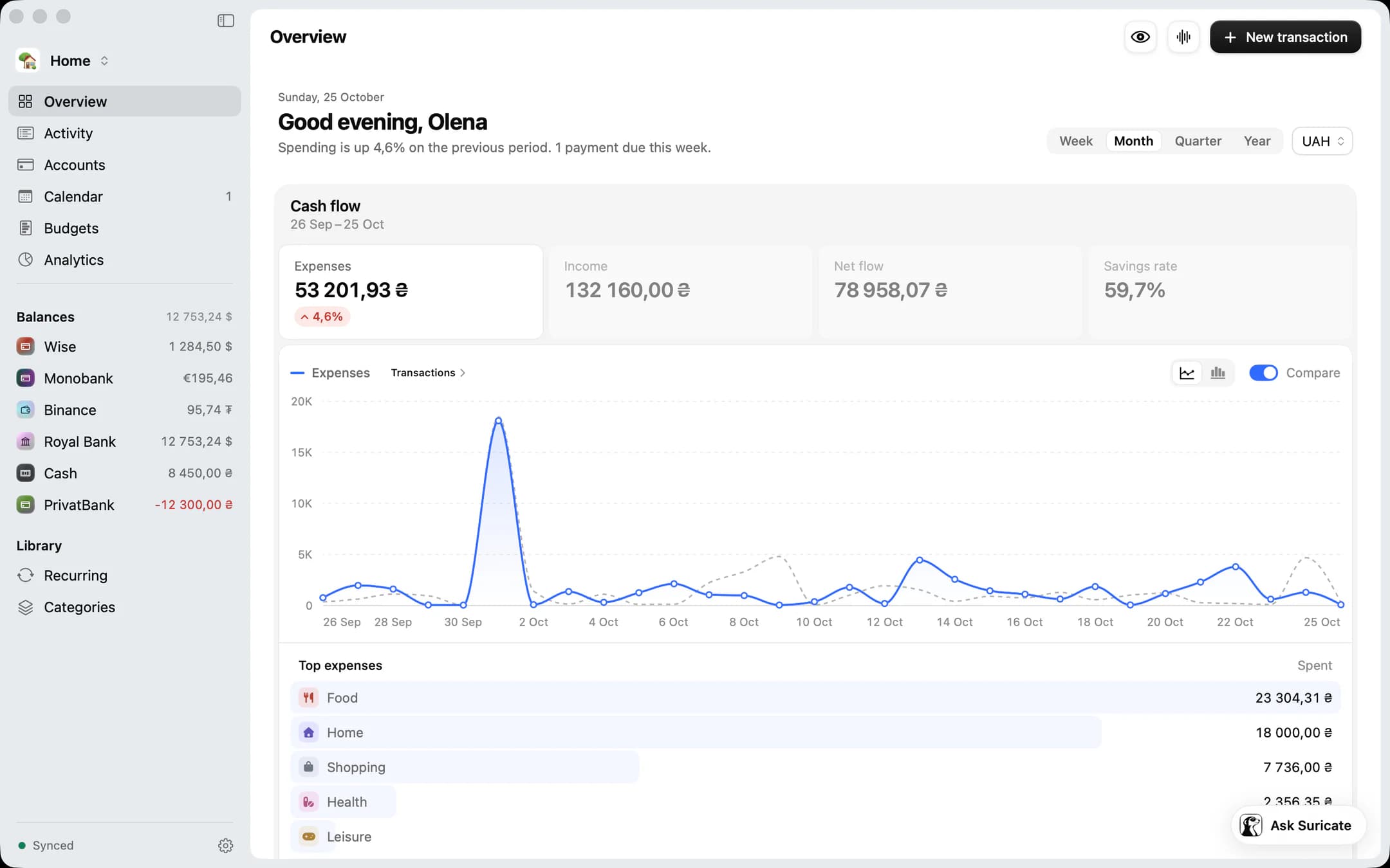 Degroshi for Mac: the overview with cash flow and the “Ask Degroshi” capsule opening into Suricate's panel