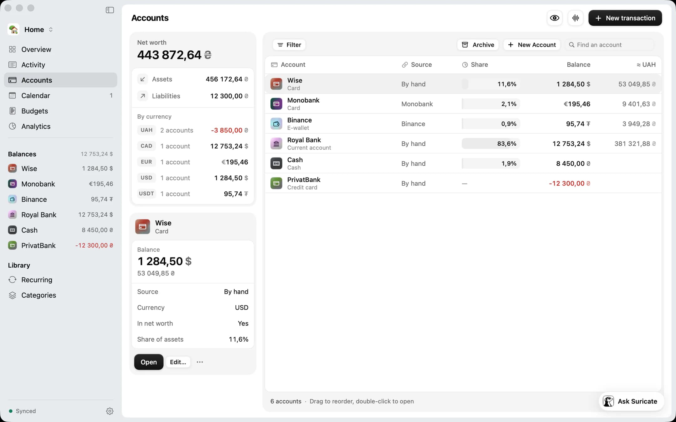 Degroshi for Mac: accounts with currency, source, share of assets and hryvnia equivalent