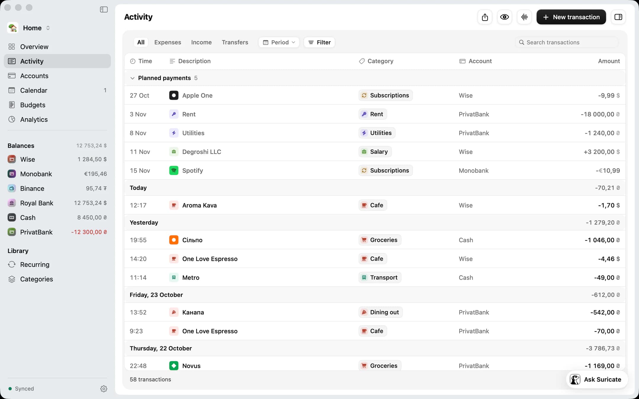 Degroshi for Mac: the space’s activity feed with time, category, account and amount